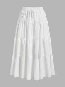 SHEIN EZwear Plus Size Loose Fit Váy xếp tầng màu trắng dài đến đầu gối Váy mùa hè - trắng - Xem 1