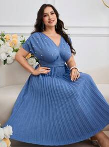 Modelyn 大码女式珍珠装饰短袖阿拉伯风格连衣裙 - 藍色 - 查看 1