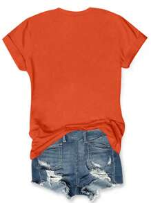 SHEIN LUNE Áo thun tay ngắn in hoa giản dị mùa hè cỡ lớn - trái cam - Xem 2