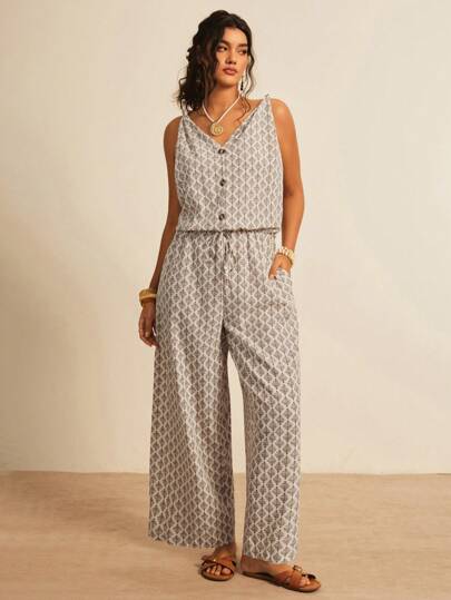 Freevana 大码女式全印花口袋无袖休闲阔腿连体裤