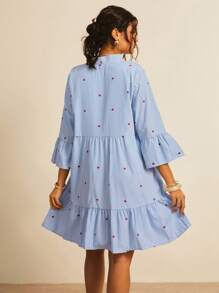 Freevana Plus Size Heart Pattern Blue & White Stripe V-Neck Puff Sleeve Waist A-Line Romantic Beach Short Dress, Valentine,Beach Dress Sundress,Holiday Outfits Boho - Blue and White - View 2