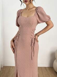 Modelyn Slit Detail Jacquard Lace-Up Puff Sleeve Elegant Summer Women Dress