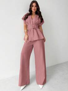 SHEIN Privé 大码女式春夏舒适休闲简约优雅办公室/通勤百搭竹纤维 V 领开衫和阔腿裤两件套 - 藕粉色 - 查看 9