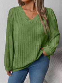 SHEIN Plus Size Women Wide Ribbed V-Neck Loose Casual Outdoor Sweatshirt Top, Autumn/Winter Graduation,Back To School,Graduation,Teacher,Back To School Pullover Fall