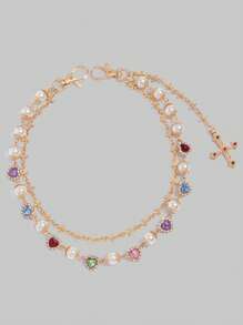 ROMWE Grunge Punk Hip-Hop Design Colorful Rhinestone Cross Waist Chain Pendant Decor Faux Pearl Ornament Chain Pants - Gold - View 4