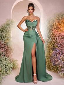 Glamrae Elegant Green Satiny Strapless Plunging Neckline Sheer Mesh Fish Bone Applique 3D Floral Fish Tail High Slit Ruffle Adjustable Tie Evening Dress, Suitable For Date, Vacation, Birthday, Party, Wedding, Prom, Valentine's Day - Green - View 3