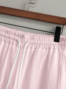 Manfinity Homme 2 件男士休闲纯色纹理短袖衬衫和抽绳腰宽松直筒裤套装，男士两件套服装，男士服装，男士休闲上下套装，衬衫和裤子套装，男士夏季套装，粉色，舒适服装 - 粉色 - 查看 4