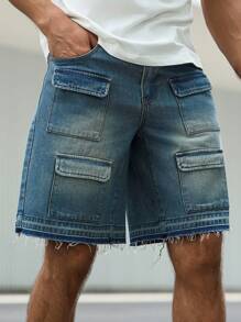 Manfinity Homme 男士休闲水洗牛仔工装短裤 - 藍色 - 查看 3