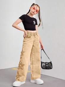 SHEIN Tween Girls Y2K 风格粉色刺绣星星阔腿牛仔裤，时尚街头休闲百搭时尚女孩四季必备单品 - 卡其色 - 查看 4