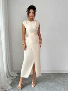 Rafferiza Váy dài đến bắp chân xếp ly kiểu Pháp thanh lịch dành cho nữ, mùa hè - Màu be - Xem 5