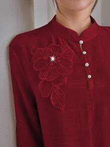 Graceveil 2pcs/Set Women Elegant Stand Collar Ruffle Cuff Long Sleeve Set Modest Fall Cloth For Women - Burgundy - View 3