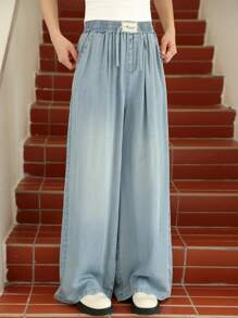 Sparklyn Teen Girl Blue Denim Effect Wide Leg Pants, Casual, Versatile, Lightweight For Spring & Summer, School, Campus, College Fall Winter - Blue - View 1