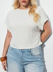 Maija Plus Size Women White Round Neck Casual Short Cap Sleeve Pleated Waist T-Shirt Romantic, Fashion, Versatile; Suitable For Summer Vacation, Comfortable, Stylish, Elegant, Casual, , Simple Daily Wear, Country Style, Essential, Solid Color, Holiday Casual, Decent, Single Lady, Ideal For Vacation Elegant Fashion Business Casual Woman Going Out Tops Graduation Going Out Tops Women Plus Size Cropped Tops Plus Size S Curvy Tops Plus Size Textured Tops Plus Size White Tops Fall Women Clothes Autumn Clothes - Beige - View 6