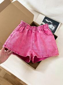 Comfortcana Women Casual Street Chic Solid Elastic Waist Washed Denim Shorts, Summer,Vacation,Going Out Shorts,Vacation,Cute Shorts,Streetwear,Funny Shorts,Country,Beach, Back To School Pink Shorts