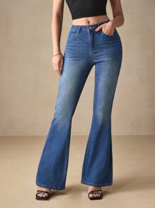 SHEIN EZwear Fashionable Embroidered Stretch Denim Flare Pants - Medium Wash - View 5