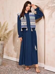 Al Najma 女士阿拉伯时尚套装，长袖，适合夏季 - 藏蓝色 - 查看 5