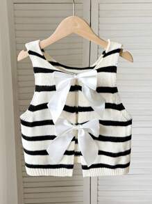 SHEIN 青少年女孩休闲针织圆领罗纹条纹蝴蝶结前开衫，返校季 - 白色 - 查看 3