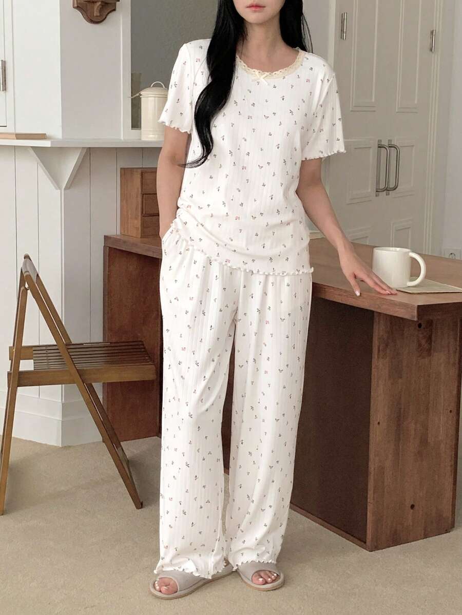 DAZY Ditsy Floral Patchwork Women Pajama Set - White - View 1