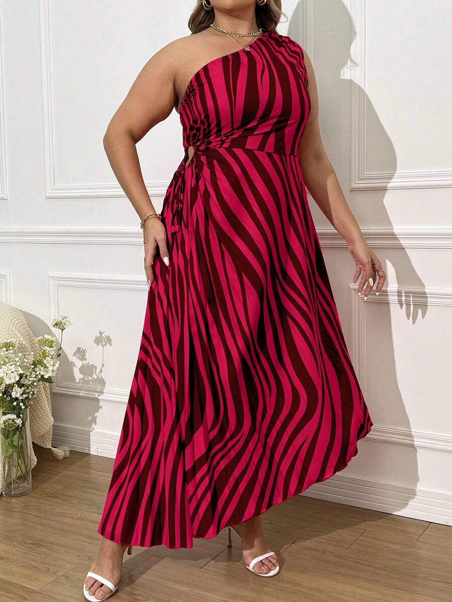 SHEIN Unity 大码不对称肩条纹印花褶皱连衣裙 - 彩色 - 查看 1