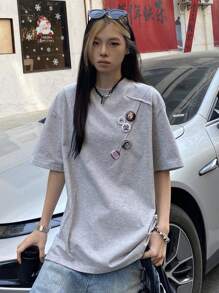DAZY Kaos Wanita Polos Minimalis Kasual Kerah Bulat Longgar, Kaos Bergambar - Grey - View 1
