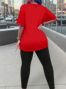 Maweii 2 chiếc/Bộ áo thun cổ tròn tay ngắn in hình bài cỡ lớn cho nữ và quần dài thường ngày - Nhiều màu - Xem 2