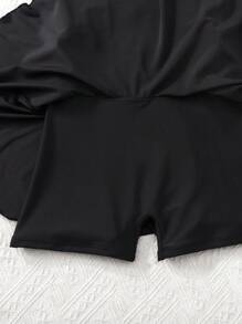 SHEIN Leap Crew 青少年女童黑色撞色白色腰部镂空夏季休闲度假沙滩针织短袖开衫拉链连体泳衣