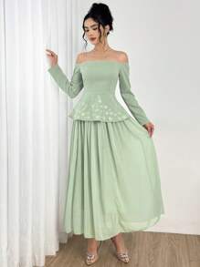 Modelyn 2pcs Women's One-Shoulder Embroidered Waist-Cinching Blouse Set, Elegant Style