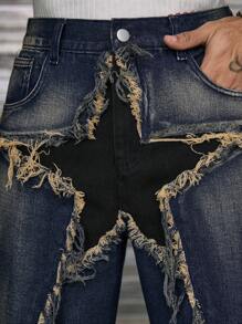 AXEPEAK Men's Casual Washed Distressed Colorblock Star Print Denim Jeans - Black - View 6