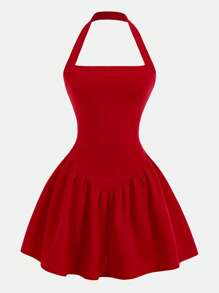 Firerie Kids Firerie Kids Tween Girls Casual Elegant Red Knit Spaghetti Strap Snug Fit Fit-And-Flare Mini Dress, Suitable For Valentine's Day, Halloween, Party, Everyday, Back To School Outfit Red Dress For Tween Girls Halter Neck Red Dress Red Skater Dress Sleeveless Red Dress Party Dress For Tween Girls