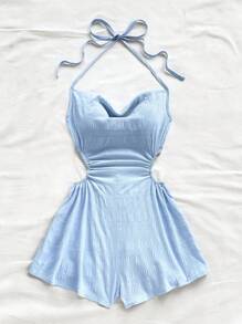 Soleia 女士度假风系带垂坠领露腰连体衣，宽松下摆，适合派对、下午茶、城市街头穿着 - 淺藍色 - 查看 4