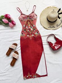 Soleia Women's Floral Print Lace Patchwork Elegant Spaghetti Strap Dress Red Summer Dress Red Floral Dress Vacation Dress Red Dress