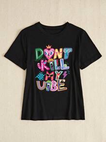 BamGleam 女士休闲标语印花短袖 T 恤，夏季 - 黑色 - 查看 3