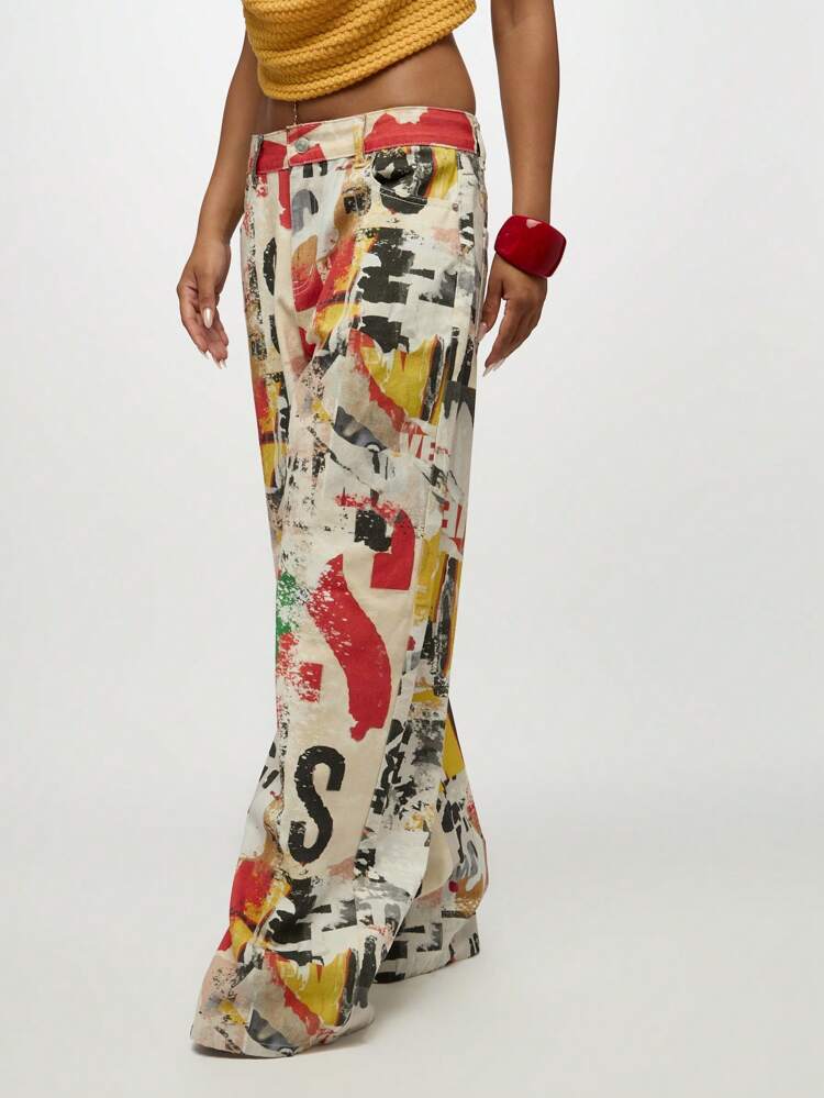 SUMWON WOMEN Artistic Print Wide Leg Baggy High Waisted Distressed Graffiti Jeans