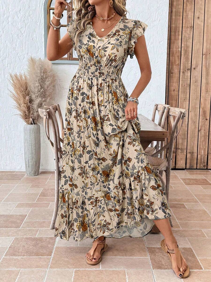SHEIN LUNE Váy dài họa tiết Paisley cỡ lớn cho kỳ nghỉ thường ngày theo phong cách Boho mùa hè theo phong cách Boho cổ điển - Màu be - Xem 1