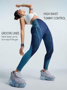 Innovista Leggings deportivos sin costura, elásticos y de cintura alta con control y compresión del abdomen, con diseño de líneas azules dinámicas, aptos para ciclismo, bicicleta, running, cardio, fuerza, pilates, boxeo, exterior, senderismo, campamento, trail, yoga, voleibol, festivales de música, fiestas, capa base, Y2K, primavera, ropa deportiva inicial