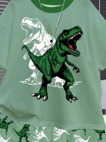 SHEIN Set de 2 piezas para niño preadolescente con camiseta de manga corta, cuello redondo y pantalón corto con estampado gráfico de Tiranosaurio Rex clásico y sencillo, para el verano - Multicolor - Ver 4