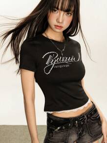 INAWLY Summer Casual Beaded Decor Lace Trim T-Shirt - Black - View 5