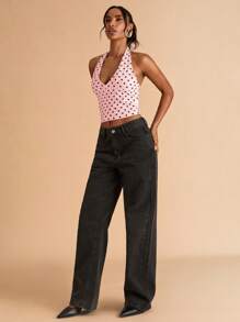 SHEIN BAE Women's Summer Casual Black Polka Dot Print Halter Neck Crop Top, Suitable For Brunch, Outings, Dates, Commute, Cruise , Ibiza Looks
