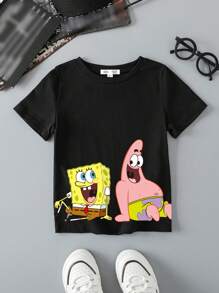 SpongeBob SquarePants | SHEIN 2pcs Young Boy Summer Casual Cute Cartoon Pattern Short Sleeve T-Shirt - Multicolor - View 7