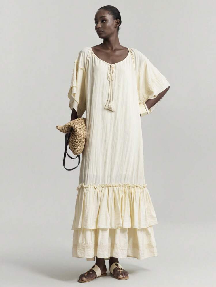 2025 Spring/Summer Women Casual Solid Color Ruffle Hem Dress, Suitable For Holiday, Vacation, Wedding Guest, Church