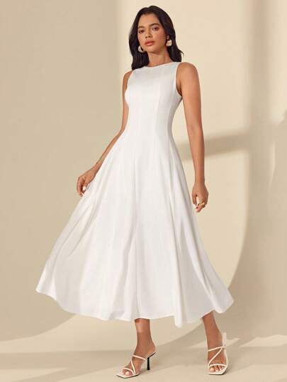 Almamuse White Midi Dress For Women Sleeveless Round Neck Flared Hem Elegant Style Ankle Length Dress