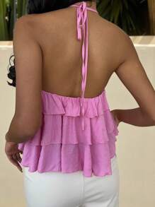 SHEIN EZwear بلوزة نسائية عادية للعطلة بياقة على شكل حبال مضفرة وذيل غير متماثل بلون الفوشيا