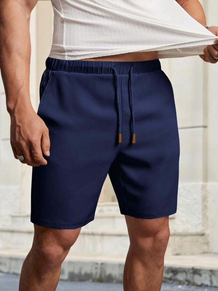 HIMLAND Men's Solid Color Drawstring Waist Casual Shorts, Versatile - Navy Blue - View 1