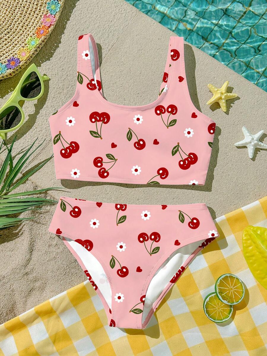 Cherry Girl 迷你樱桃印花可爱少女休闲吊带背心和三角比基尼泳装套装，适合夏季、度假、海滩周末、可爱夏季服装、夏季儿童用品、蝴蝶、韩式、海滩模式、夏季出游用品
