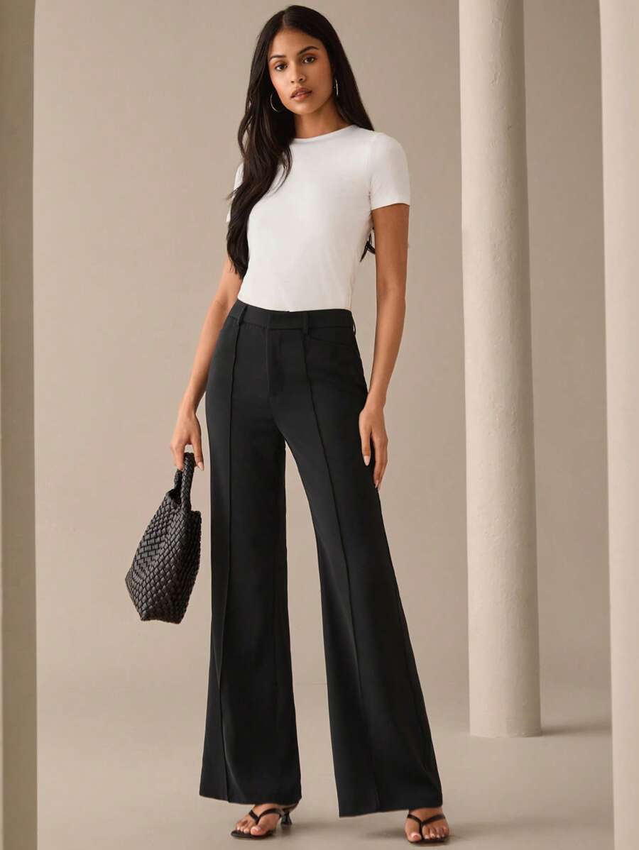 Lilora 纯色褶皱优雅时尚口袋喇叭裤都市风格女士休闲通勤裤都市休闲浪漫优雅外出