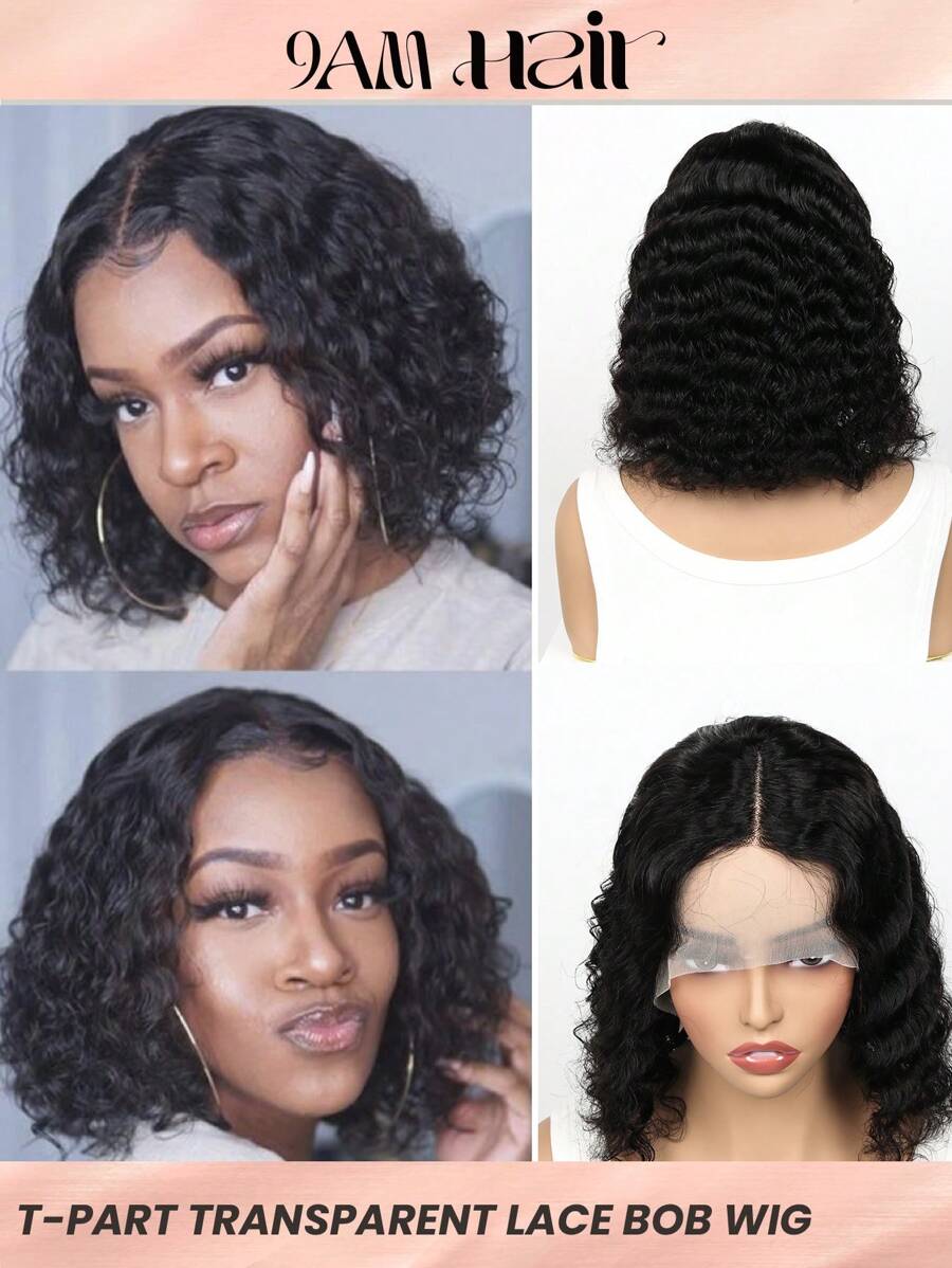 短髮深曲人髮波波頭假髮,深波浪型前花邊人髮假髮,女性巴西t型頭套假髮