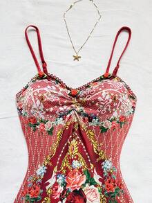 Soleia Women's Floral Print Lace Patchwork Elegant Spaghetti Strap Dress Red Summer Dress Red Floral Dress Vacation Dress Red Dress