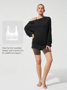 GLOWMODE Modal Ribbed Switch It Up Stretchy Breathable Pleated Cuffs Off-Shoulder Long Sleeve Active Tee Daily Casual Wear - Black - View 5