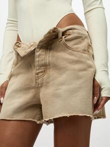 SUMWON WOMEN High Waisted Cutoff Denim Shorts Festival Beach Distressed Raw Hem Mid Thigh Bermuda Summer Casual Bottoms Boho Vacation Wear - Khaki - View 6