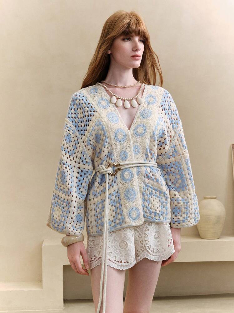 Arave Chaqueta de punto holgada de mujer con manga dolman y patrón geométrico de ganchillo - Azul y blanco - Añade 6